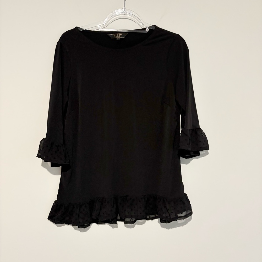 Lipsy London polka‎ dot mesh ruffle blouse black size 6